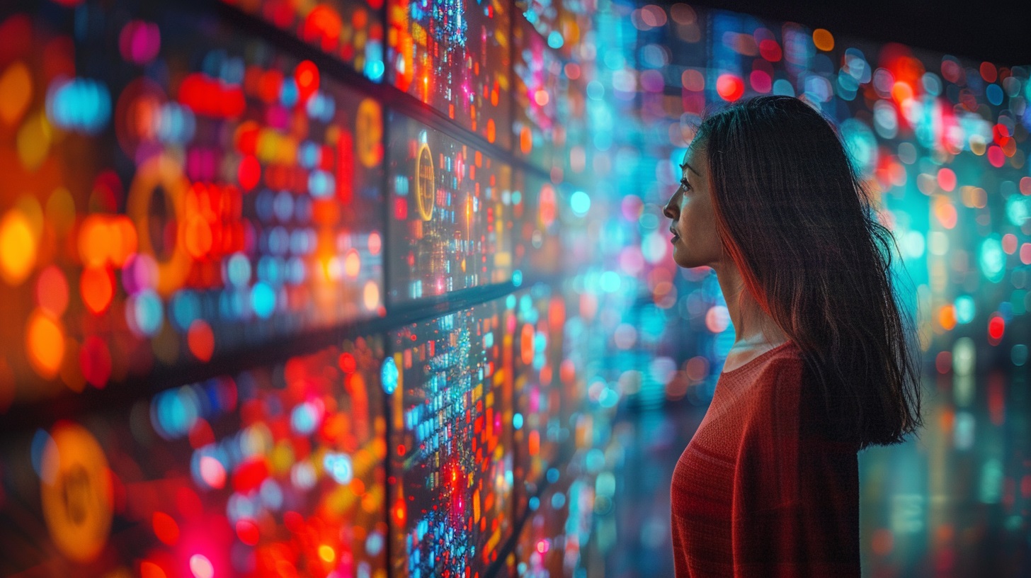 Girl looking at computer monitors